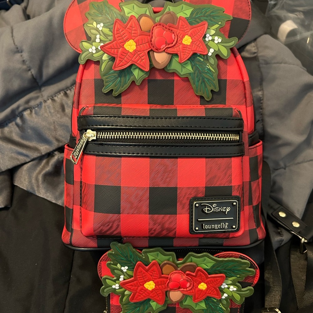Loungefly Red and Black Plaid Backpack and Wallet with Floral Accents